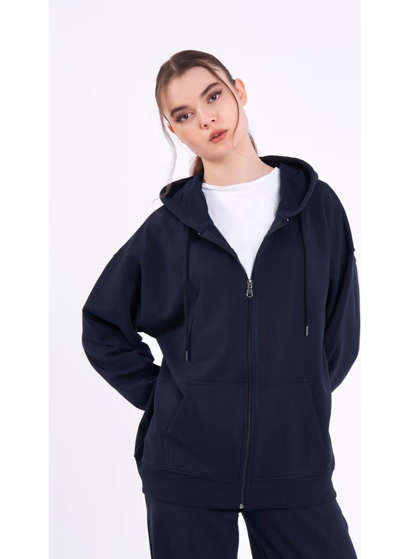 mmetalic Navy Blue Kangaroo Pocket Hooded Zippered Oversize Women's Sweatshirt - Image 3